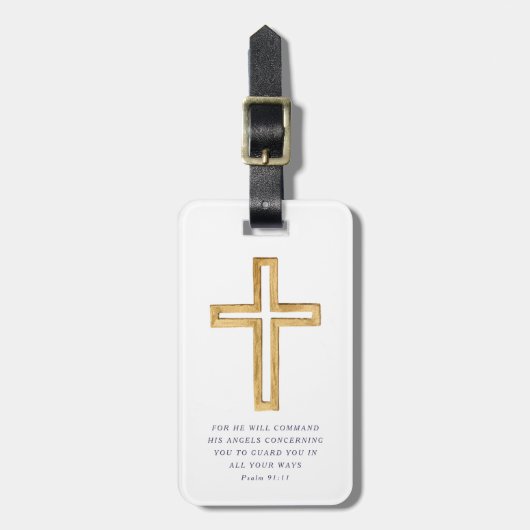 Psalm 91:11 Bijbelverse Religious Cross Blue Scrip Bagagelabel (Voorkant verticaal)