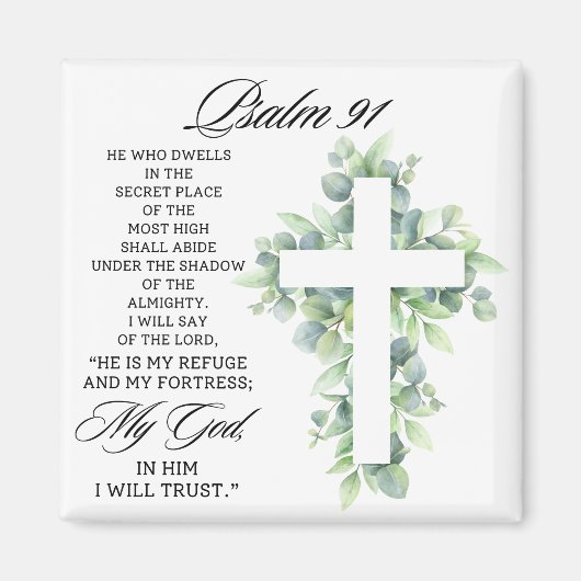 Psalm 91:1-2 Religious Cross Greenery Bible Verse Magneet (Voorkant)