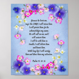 Psalm 91 op blauw weefsel met bloemen, poster