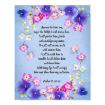 Psalm 91 op blauw weefsel met bloemen, poster