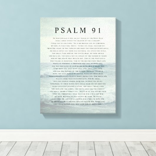Psalm 91 Schrift Zachte Aqua Blau Rustige Strand Canvas Afdruk (Insitu (Houten vloer))