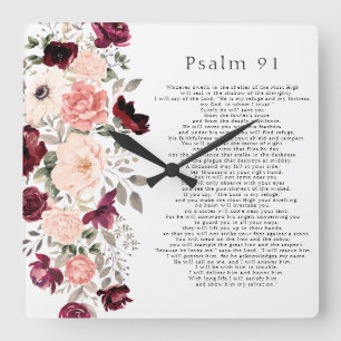 Psalm 91 Scripture Burgundy Blush Floral Vierkante Klok