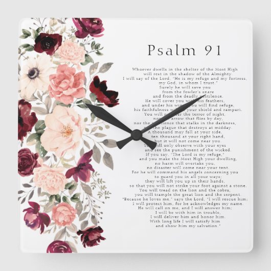 Psalm 91 Scripture Burgundy Blush Floral Vierkante Klok (Voorkant)