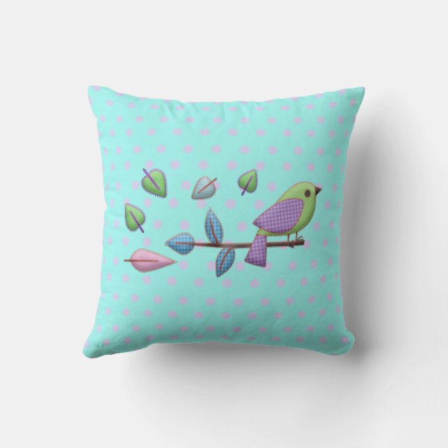 Pset Bird met Gingham Leaves Pink Blue Stippen Buitenkussen (Achterkant)