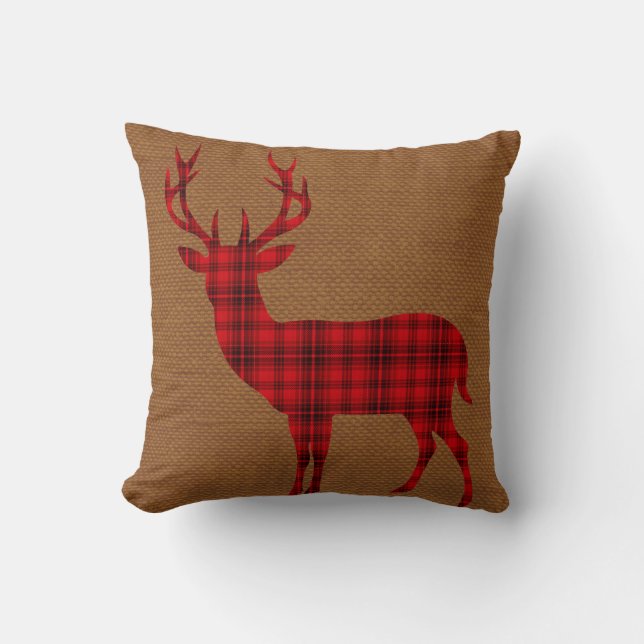 Pset Deer Silhouette op Burlap | rode bruine Kussen (Voorkant)