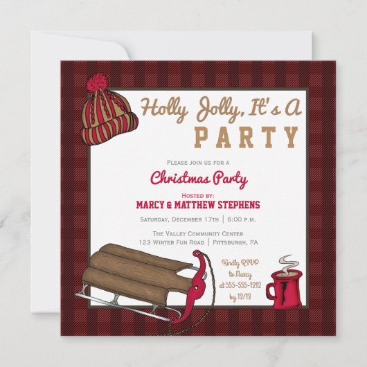 Pset Holly Jolly Sled kerstparty uitnodiging (Voorkant)