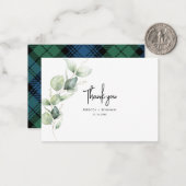 Pset Rustic Wedding Tartan Eucalyptus Bedankt Notitiekaartje (Voorkant / Achterkant in situ)