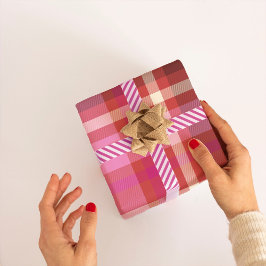 Pset Tartan Modern Kerstroze, zalm Cadeaupapier