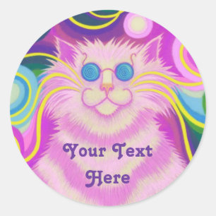Psy-cat-delic Pink 'Jouw tekst here'-ronde sticker