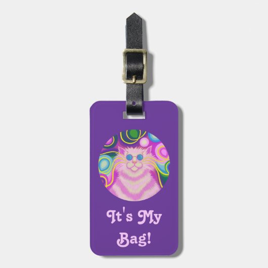 Psy-cat-delic Pink Round 'text' étiquette bagage v (Devant Vertical)