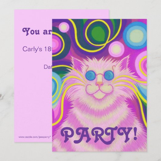 Psy-cat-delic Roze feestuitnodiging verticaal Kaart (Voorkant / Achterkant)