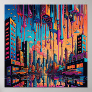 Psychedelic Blue Sinaasappel Drippy City Poster