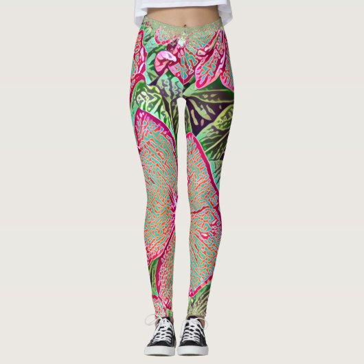 Psychedelic Caladium Leaf Botanical Print Leggings (Devant)