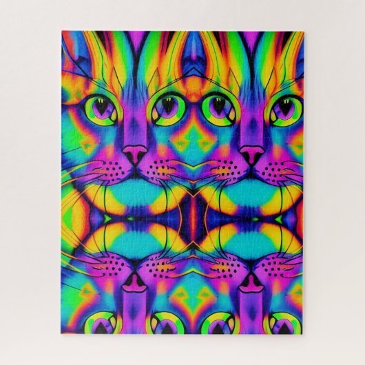 Psychedelic cat illusion paars fuchsia green legpuzzel (Verticaal)