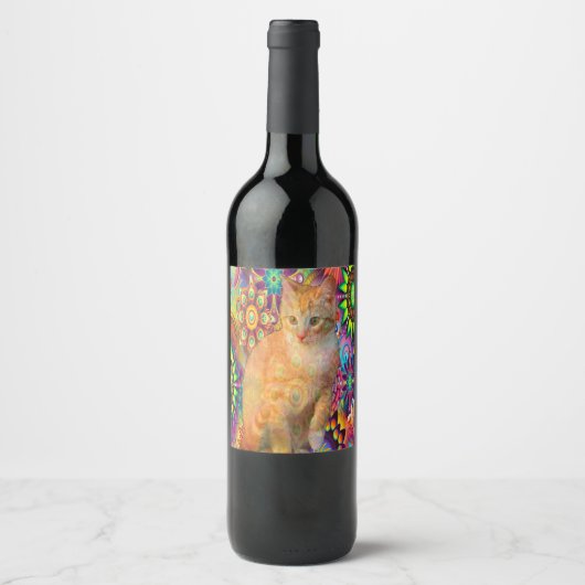 Psychedelic Cat Wine Bottle, Tie Dye Cat Wijn Etiket (Voorkant)