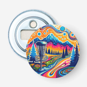 Psychedelic Disc Golfbaan in de bergen Button Flesopener