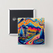 Psychedelic Disc Golfbaan in de bergen Vierkante Button 5,1 Cm (Voorkant /achterkant)