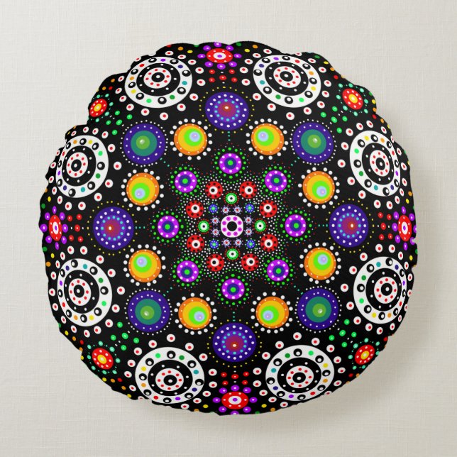 Psychedelic Dot Mandala Rond Kussen (Voorkant)