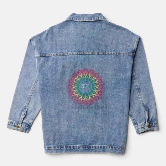 Psychedelic Fractal Mandala 2026 Design with Neon Denim Jacket (Achterkant)