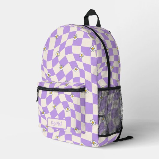 Psychedelic Groovy Daisy Checkerboard, Y2K 90s Bedrukte Rugzak (Achterkant Hoek Rechts)