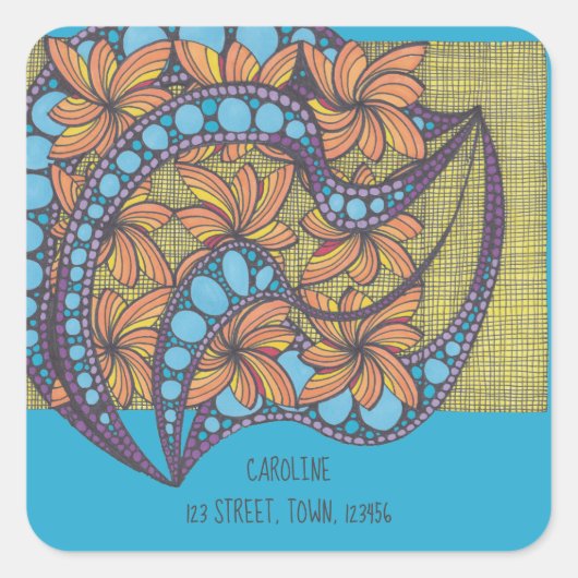 Psychedelic, groovy, psychedelic, blauw, jouw naam vierkante sticker (Voorkant)