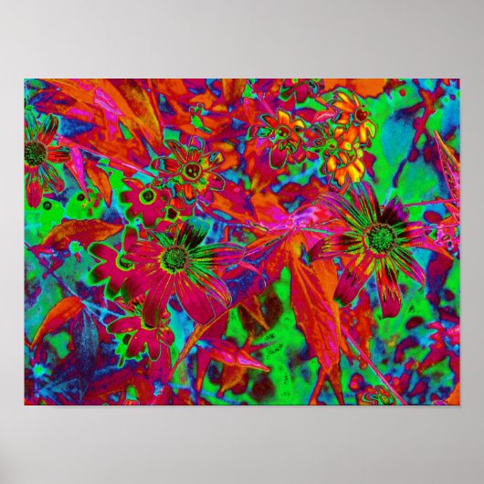 Psychedelic Groovy Red en groene wilde bloemen Poster (Voorkant)