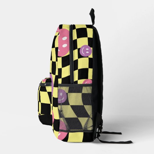 Psychedelic Groovy Smiley Checkerboard, Y2K 90s Bedrukte Rugzak (Rechts)