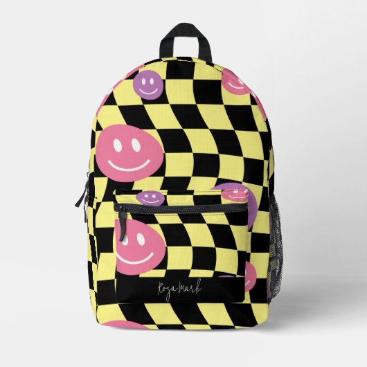 Psychedelic Groovy Smiley Checkerboard, Y2K 90s Bedrukte Rugzak (Voorkant)