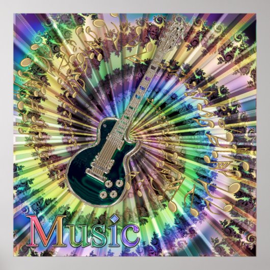 Psychedelic Guitar Swirling Notes Rainbow Music Poster (Voorkant)