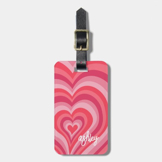 Psychedelic Hearts Calligraphy Script Name Pinks Bagagelabel (Voorkant verticaal)