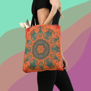 Psychedelic Hippie Blauwgroen Sinaasappel en rood Draagtas
