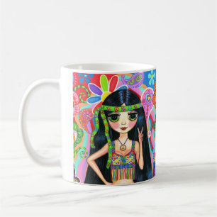 Psychedelic Hippie Chick Peace Sign Cute 1960 Koffiemok