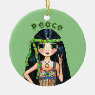 Psychedelic Hippie Chick Peace Sign Headband 1960 Keramisch Ornament