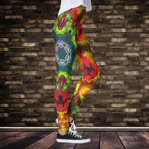 Psychedelic Hippie Flower Green Red en Oranje Leggings