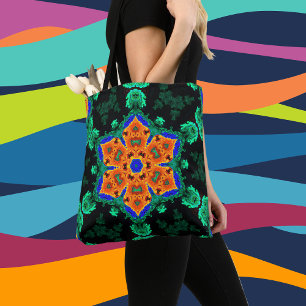 Psychedelic Hippie Flower Oranje en Blauwgroen Draagtas