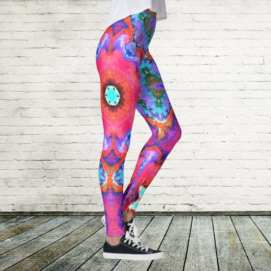 Psychedelic Hippie Flower Pink Blue en Oranje Leggings