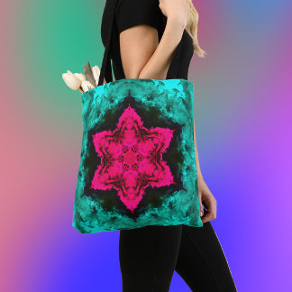Psychedelic Hippie Flower roze en Blauwgroen Draagtas