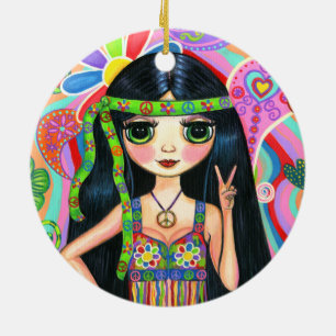Psychedelic Hippie Girl Headband Peace Sign 1960 Keramisch Ornament