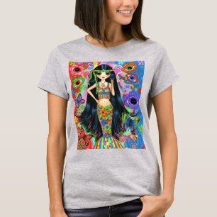 Psychedelic Hippie Girl Mermaid Peace Sign Big Eye T-shirt