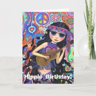 Psychedelic Hippie Mermaid Girl met Guitar Peace Kaart