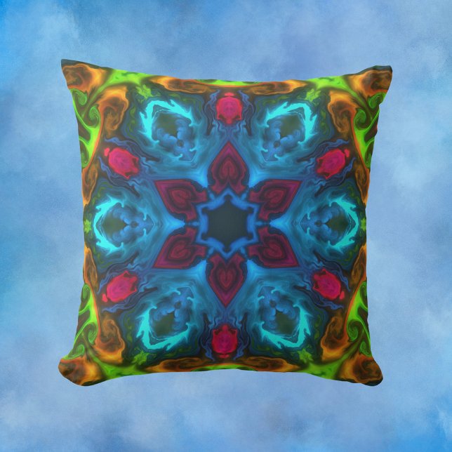 Psychedelic Kaleidoscope Blue Pink en Green Kussen (Creator heeft geüpload)
