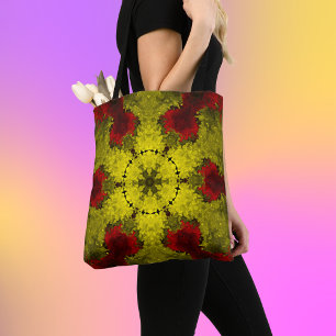 Psychedelic Kaleidoscope Flower Red en Yellow Draagtas