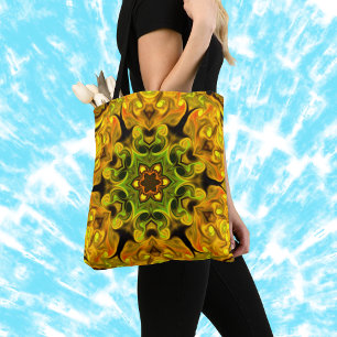 Psychedelic Mandala Bloem Groen en Geel Draagtas