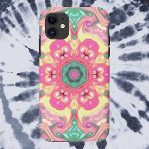 Psychedelic Mandala Bloem Groen Roze en Geel iPhone 11 Hoesje