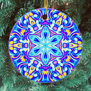 Psychedelic Mandala Bloemblauw Paarse en Geel Keramisch Ornament