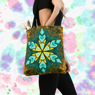 Psychedelic Mandala Flower Blauwgroen en Geel Draagtas