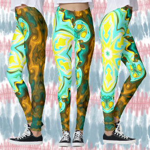 Psychedelic Mandala Flower Blauwgroen en Geel Leggings