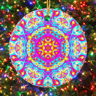 Psychedelic Mandala Flower Blue Pink and Yellow Keramisch Ornament