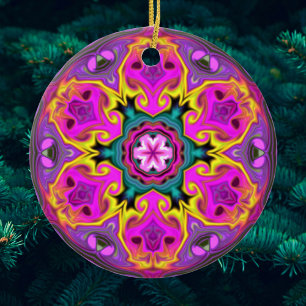 Psychedelic Mandala Flower Blue Pink and Yellow Keramisch Ornament