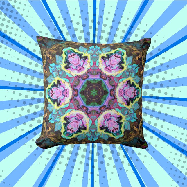Psychedelic Mandala Flower Blue Yellow and Pink Kussen (Creator heeft geüpload)